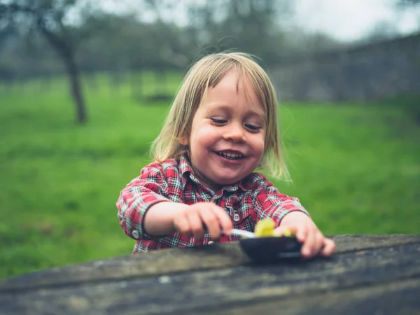 Niño Feliz Está Comiendo Aguacate Una Mesa Picnic — Foto de Stock