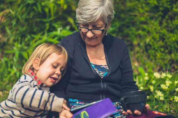 Little Toddler His Grandmother Using Smartphone Forest — Stock Photo, Image