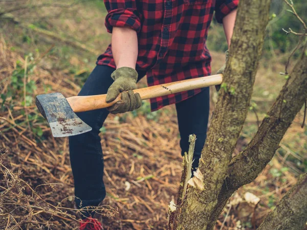 Junge Frau fällt Baum mit Axt — Stockfoto