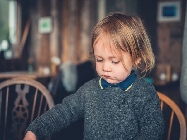 Little Toddler Sitting Table Cafe — Stock Photo, Image