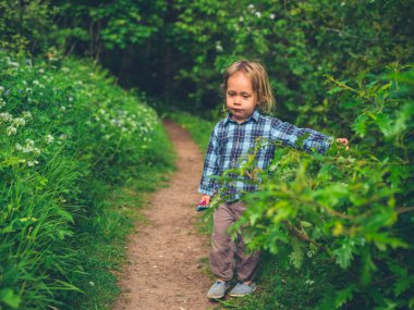 Küçük bir bebek yaz aylarında doğada bir yolda duruyor