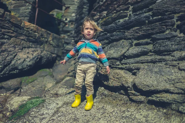 Petit Bambin Est Debout Sur Les Rochers Plage Par Une — Photo