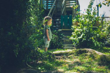 Küçük bir çocuk bir yaz gününde parkta bir günlük üzerinde dengeleme