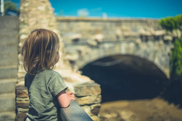 Little Toddler Standing Bridge Small Town — Stock Photo, Image