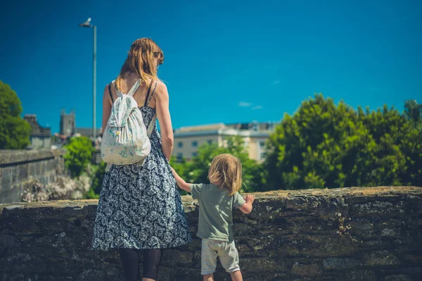 Genç Bir Anne Onun Bebek Yaz Aylarında Bir Taş Duvar — Stok fotoğraf