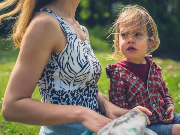 Young Mother Her Toddler Sitting Grass Park Sunny Summer Day — Stock Photo, Image