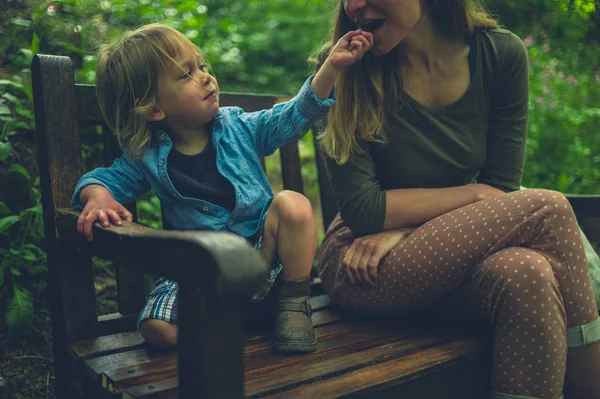 A little toddler is sharing a chocolate bar with his mother on a bench in the woods