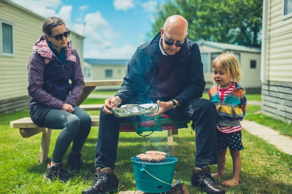 Multigenerational Family Enjoying Barbecue Trailer Park — Stock Photo, Image