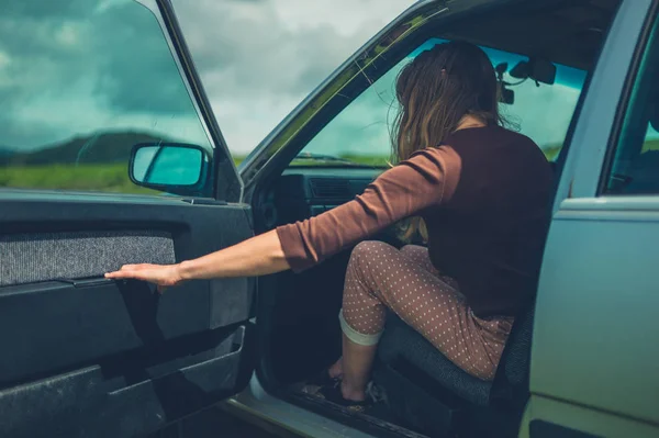 Woman Sitting Car Moor Summer Closing Door — Stock Photo, Image