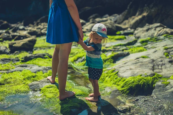在一个阳光明媚的夏日 一位年轻的母亲和她的小孩在岩石海滩上散步 — 图库照片