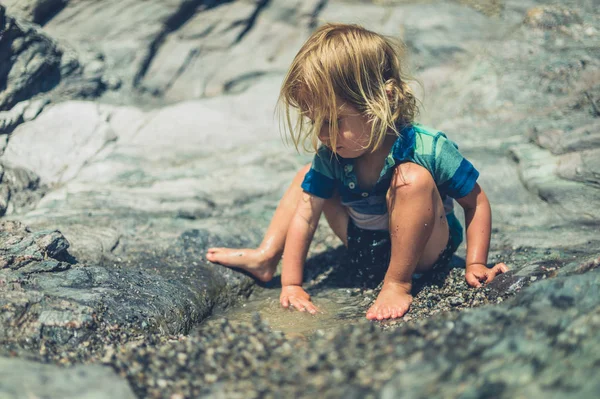 Маленький Малыш Играет Водой Скалистом Пляже — стоковое фото