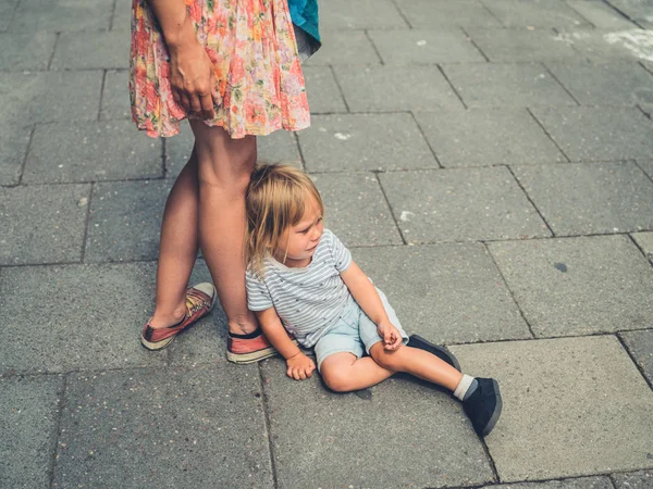 Sad Crying Toddler Sitting Street His Mother Feet — Stock Photo, Image