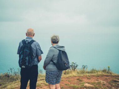 Deniz kenarında siste duran yaşlı çiftin arka görüntüsü