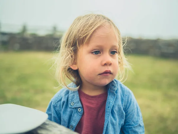 Adorabile Piccolo Bambino Seduto Tavolo Picnic Fuori Dal Mare Una — Foto Stock