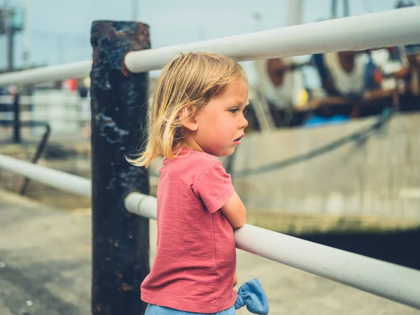 Küçük Bir Çocuk Limandaki Korkulukların Yanında Duruyor — Stok fotoğraf