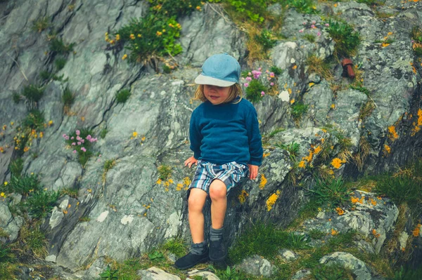 Petit Garçon Âge Préscolaire Est Assis Sur Une Falaise Par — Photo