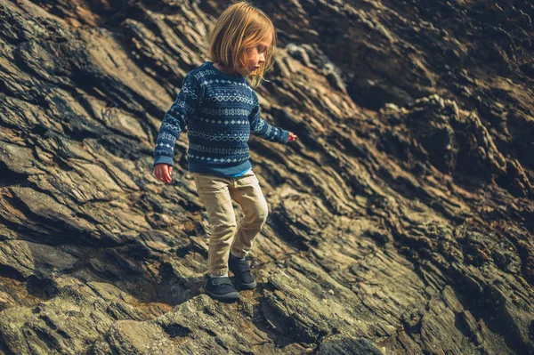 Petit Enfant Âge Préscolaire Marche Sur Terrain Rocheux Printemps — Photo