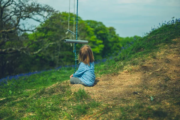 Een Kleine Kleuter Zit Een Weiland Met Een Touwschommel Hangend — Stockfoto