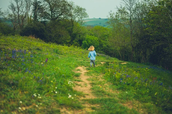 Petit Enfant Âge Préscolaire Court Dans Une Prairie Jour Printemps — Photo