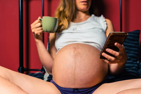 Una Joven Embarazada Está Bebiendo Una Taza Está Usando Teléfono — Foto de Stock