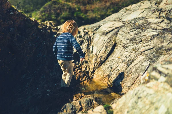 Küçük Bir Anaokulu Öğrencisi Baharda Kayalık Bir Arazide Yürüyor — Stok fotoğraf