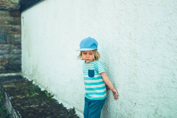 Little Preschooler Standing White Wall Outdoors — Stock Photo, Image