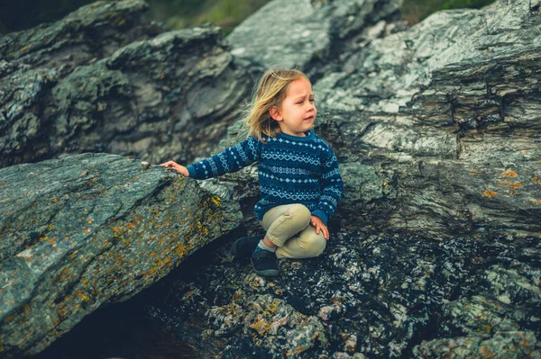 Little Preschooler Sitting Rocks Nature — Stock Photo, Image