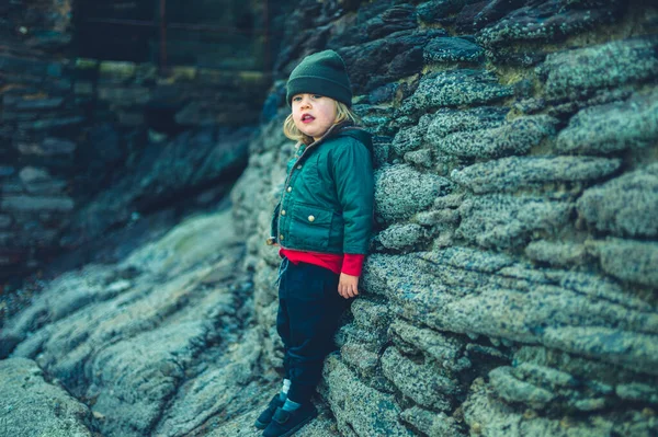 Een Kleine Kleuter Jongen Ontspannen Door Een Stenen Muur Buiten — Stockfoto
