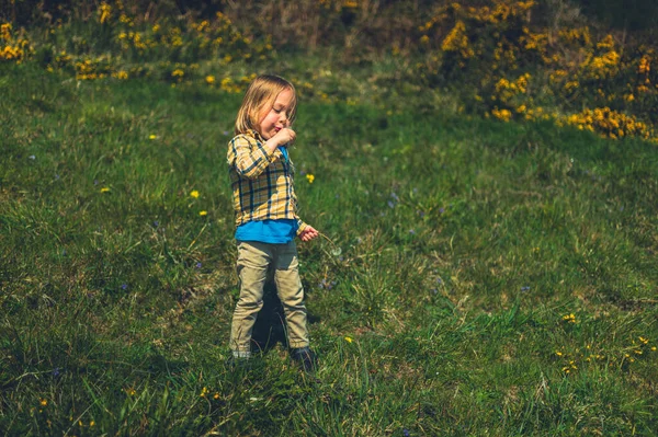 Malá Školačka Stojí Přírodě Drží Květinu — Stock fotografie