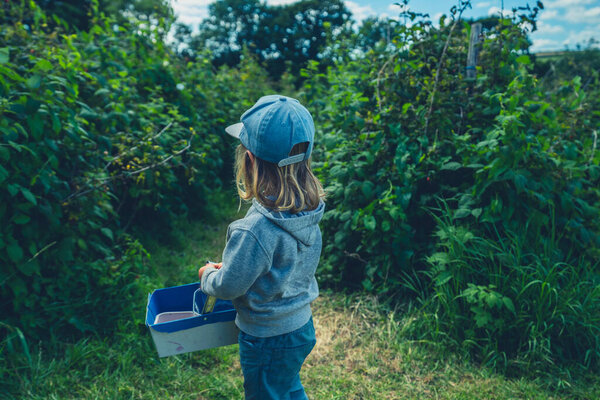 Маленький дошкольник с корзиной собирает ягоды из фруктовых кустов