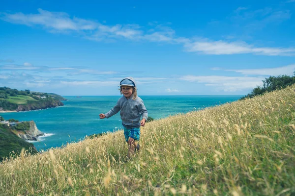Niño Edad Preescolar Está Corriendo Campo Junto Mar Verano —  Fotos de Stock