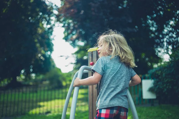 Little Preschooler Playing Carousel Playground — Stock Photo, Image