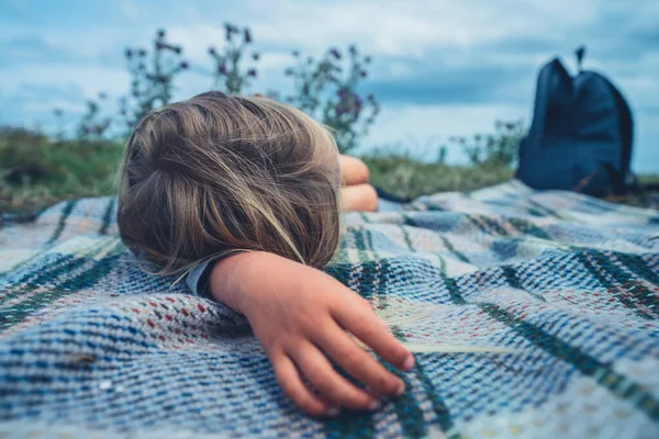 Een Kleine Kleuter Ontspant Zich Een Picknickdeken Een Weiland — Stockfoto