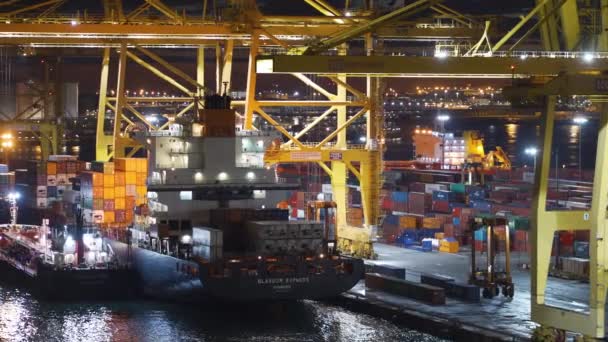 Barcelona, Spanien-november 09, 2018-container lastfartyg och bryggor med kranar lastning och lossning av varor i 4K — Stockvideo