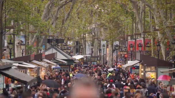 BARCELONA, ESPANHA - NOVEMBRO 09, 2018 - Muita gente andando pela rua La Rambla mais movimentada da cidade em 4K — Vídeo de Stock