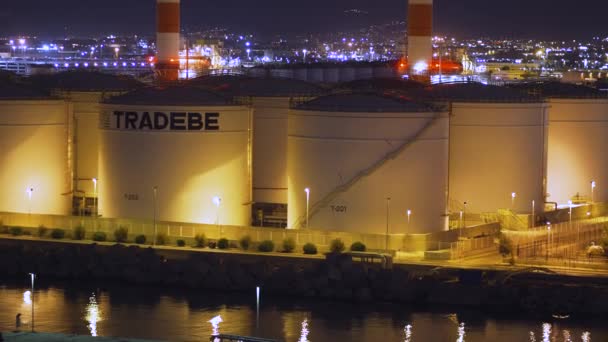 BARCELONA, SPAIN - NOVEMBER 09, 2018 - Tradebe storage tanks or containers in the harbour of the city in 4k — Stock Video