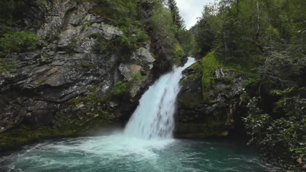 Vattenfall på Geirangelva skog flod i bergen — Stockvideo