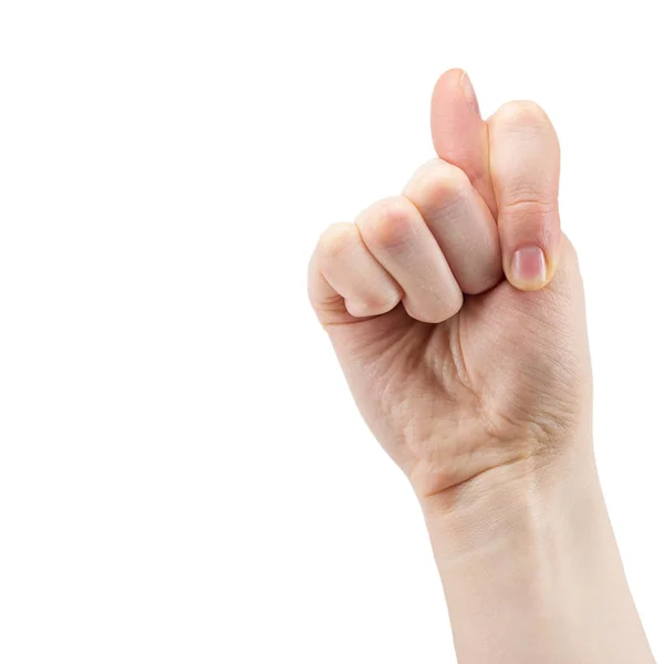 Mano Femenina Está Mostrando Una Higuera Aislada Sobre Fondo Blanco — Foto de Stock