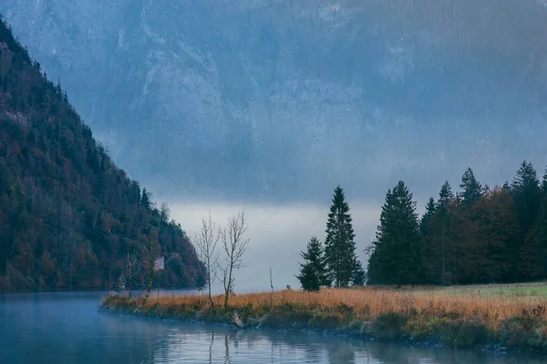 雾蒙蒙的早晨，在群山的湖面上，笼罩着蓝色的薄雾 — 图库照片