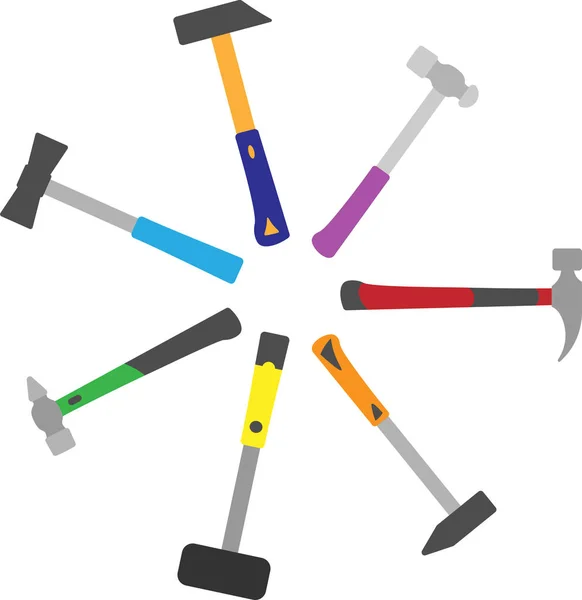 Conjunto de sete martelos coloridos com cabeças diferentes — Vetor de Stock