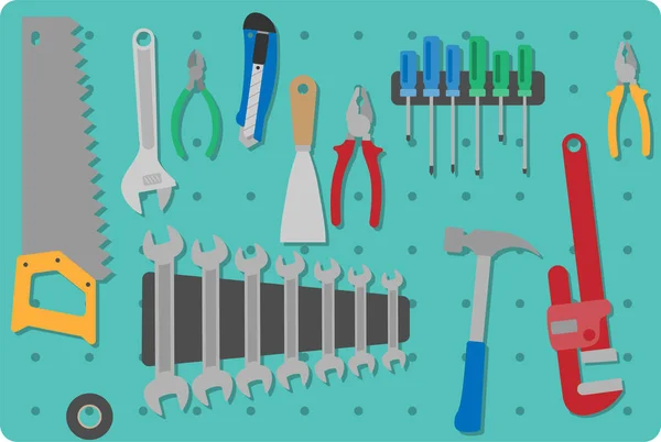 Ensemble de différents outils sur une planche à outils perforée — Image vectorielle