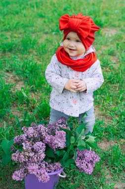 Kırmızı şapkalı küçük kız bahçede mor leylağın yanında.