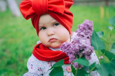 Kırmızı şapkalı küçük kız bahçede mor leylağın yanında.
