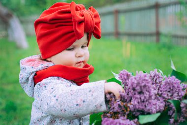 Kırmızı şapkalı küçük kız bahçede mor leylağın yanında.