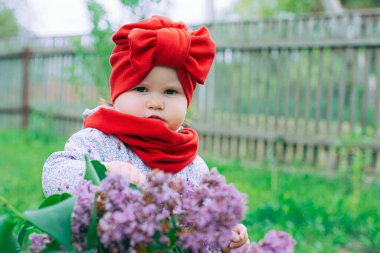 Kırmızı şapkalı küçük kız bahçede mor leylağın yanında.
