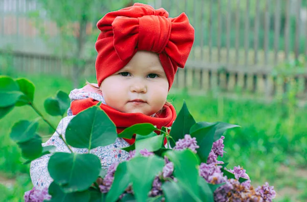 Kırmızı şapkalı küçük kız bahçede mor leylağın yanında.