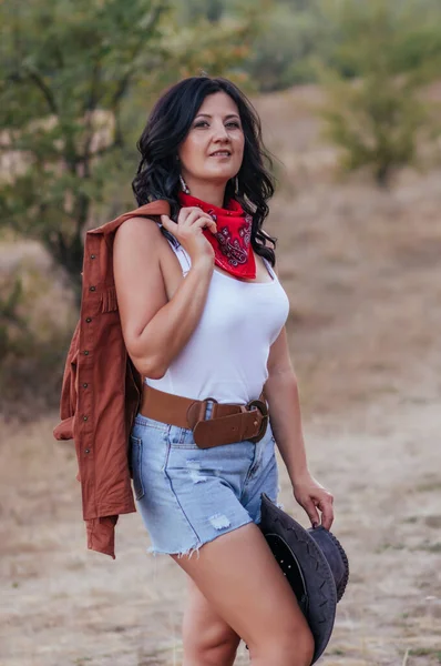 Fata Într Imagine Cowboy Gazon Toamnă — Fotografie, imagine de stoc