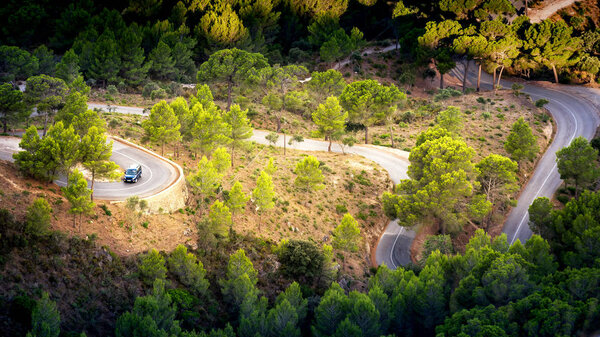 San Salvador Mallorca. Cycling winding route to top of hill in majorca