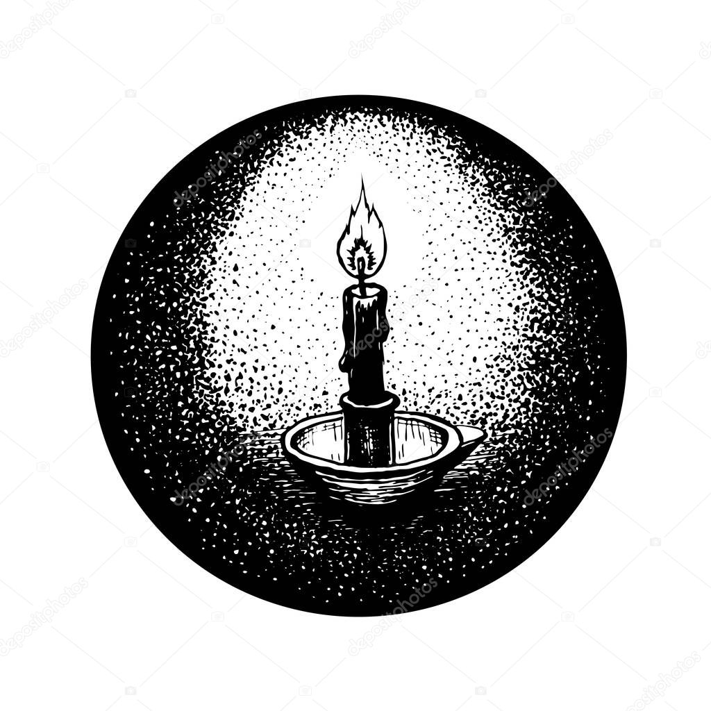 hand drawn round wector illustration of one burning candle in the dark circle