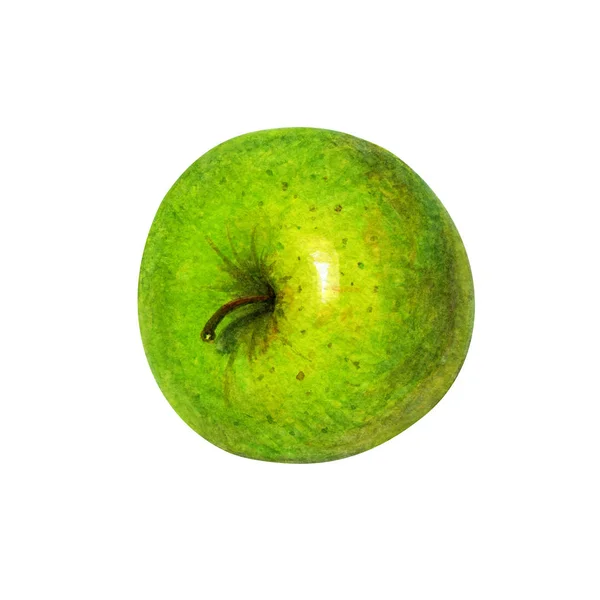 Ilustração aquarela pintada à mão de uma deliciosa maçã verde isolada em fundo branco com pequenos pontos na casca — Fotografia de Stock